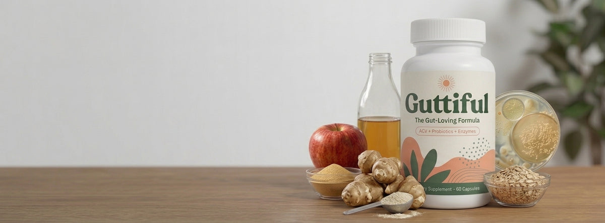 Guttiful bottle surrounded by apple cider vinegar, apple, ginger root, oats, and probiotic culture on a wooden table