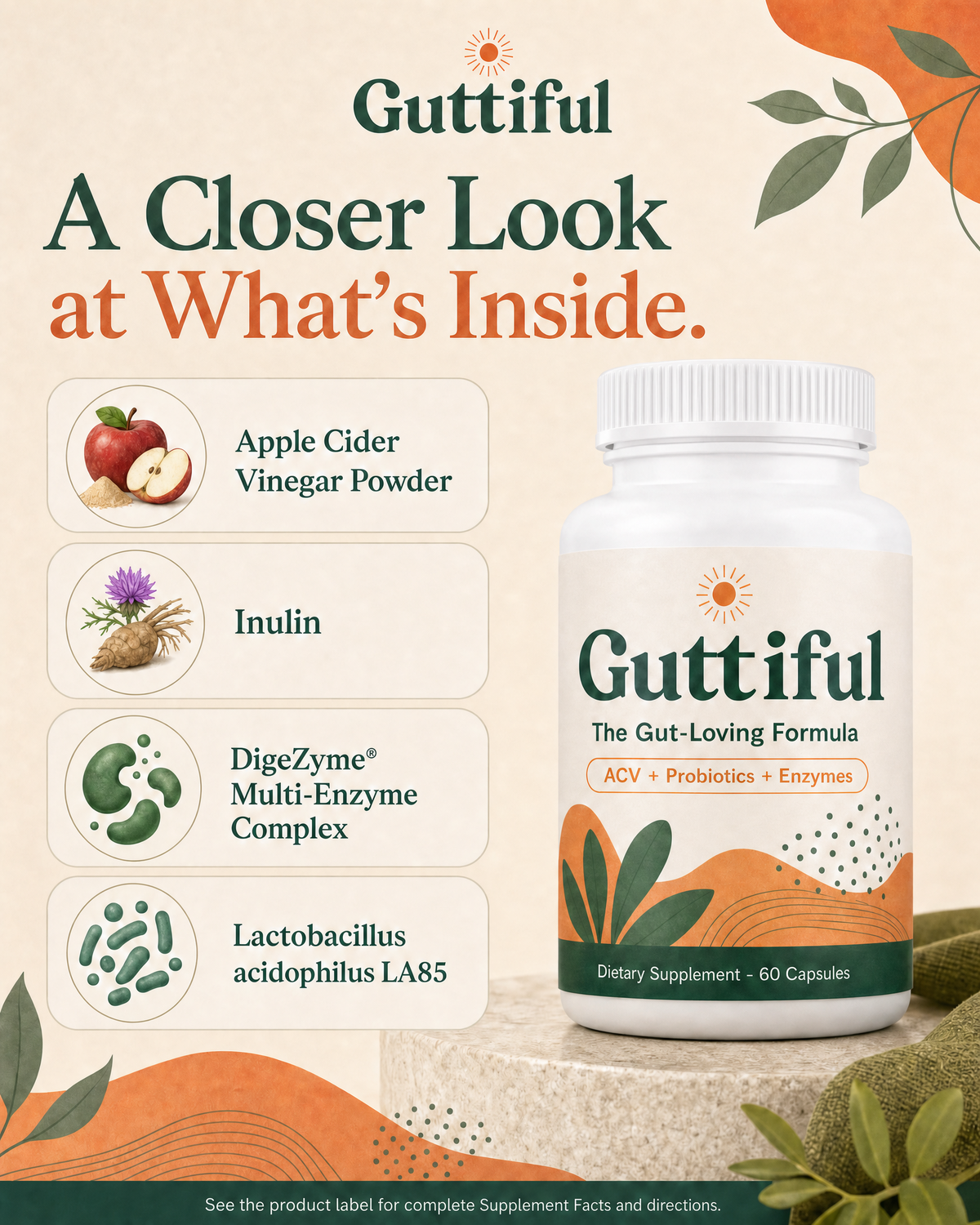 Guttiful ingredient infographic showing apple cider vinegar powder, inulin, and DigeZyme enzyme complex