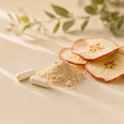 Guttiful capsules next to dried apple slices representing apple cider vinegar powder