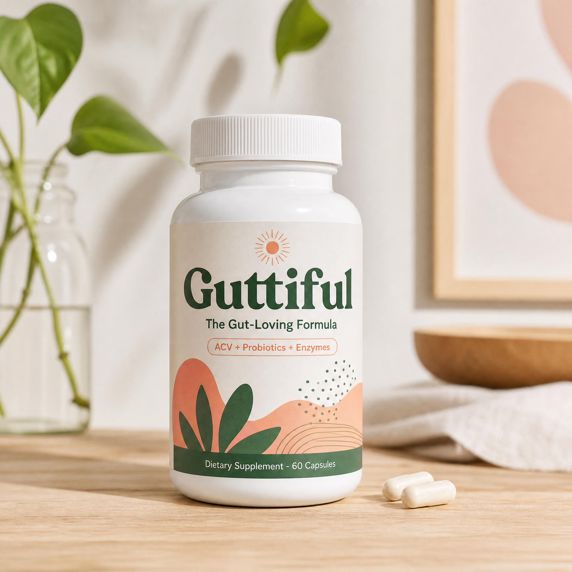 Guttiful gut health supplement bottle on a wooden counter with a plant in the background